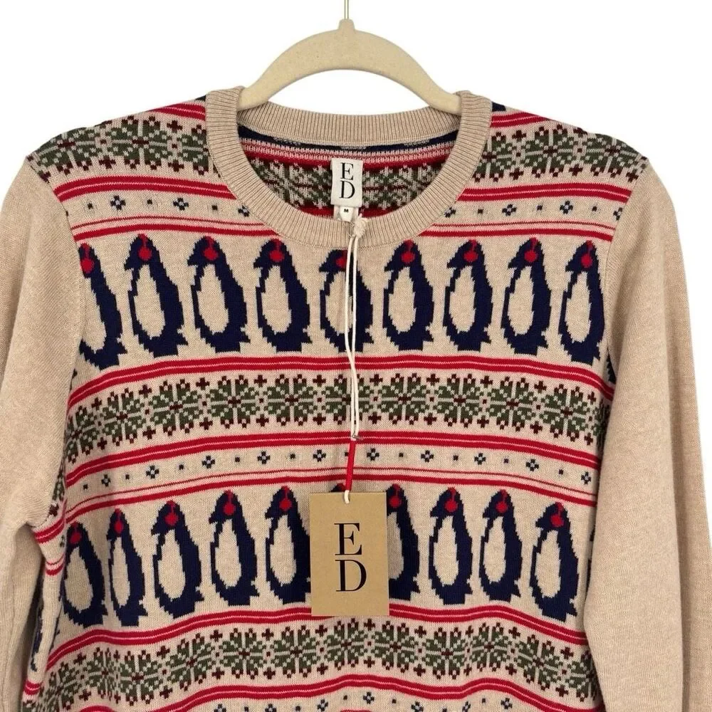 ED Ellen DeGeneres Penguin Fair Isle Cashmere Blend Sweater Beige Holiday Medium
